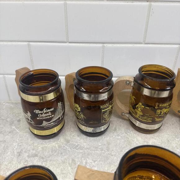 Lot of 9 Vintage Siesta Ware Souvenier Brown Barrel Glass Mugs w Wood Handles - Picture 2 of 13